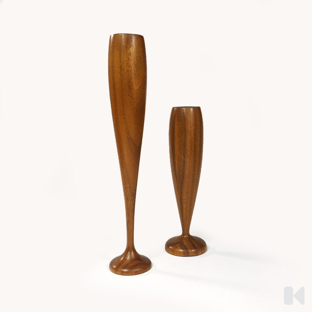 2 MCM Teak Candle Holders with 12 White Tiny Tapers