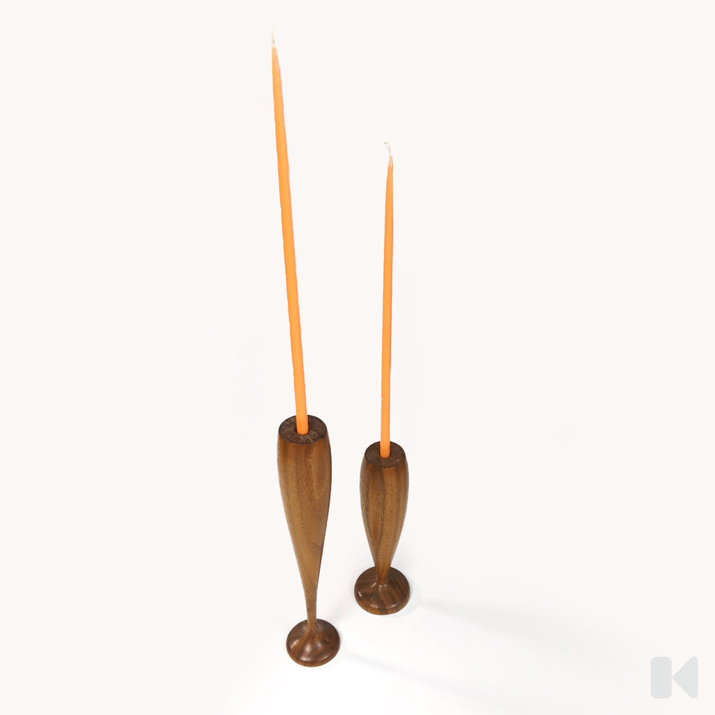 MCM Teak Tiny Taper Candle Holders with 12 White Tiny Tapers